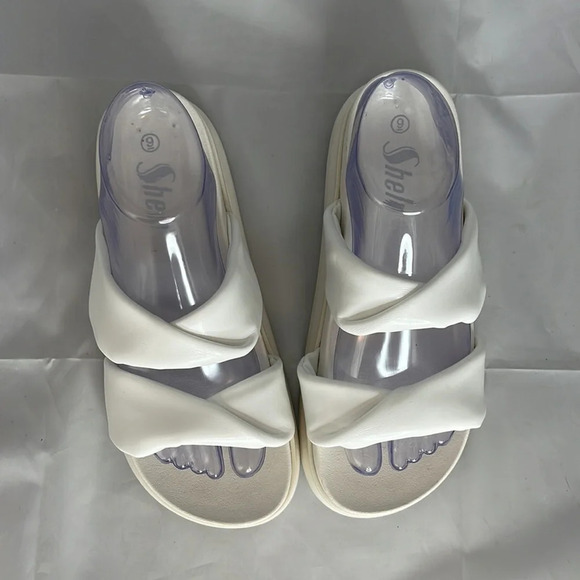 SHEIN Platform Padded Chunky Slides White Faux Leather Twist Strap Sandals 9 - Picture 7 of 10